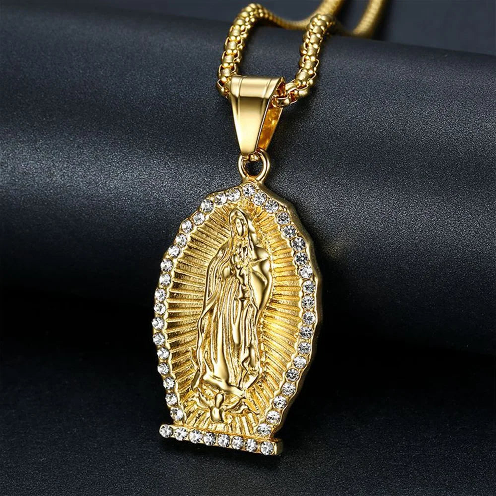 Hip Hop Iced Out Bling Virgin Mary Necklaces Pendants Gold Color 316L Stainless Steel Madonna Necklace Women Christian Jewelry