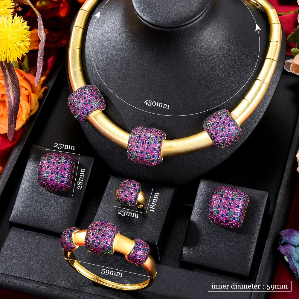 Original DUBAI 4pcs Jewelry Sets Necklace Bangle Ring Earrings Luxury Gougeous Splicing Set For Women Wedding Party
