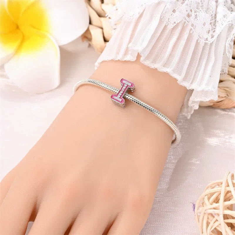 925 Sterling Silver Romantic Pink 26 Letters DIY Love Charms Beads Fit Pandora 925 Original Bracelets Fine Birthday Jewelry Gift