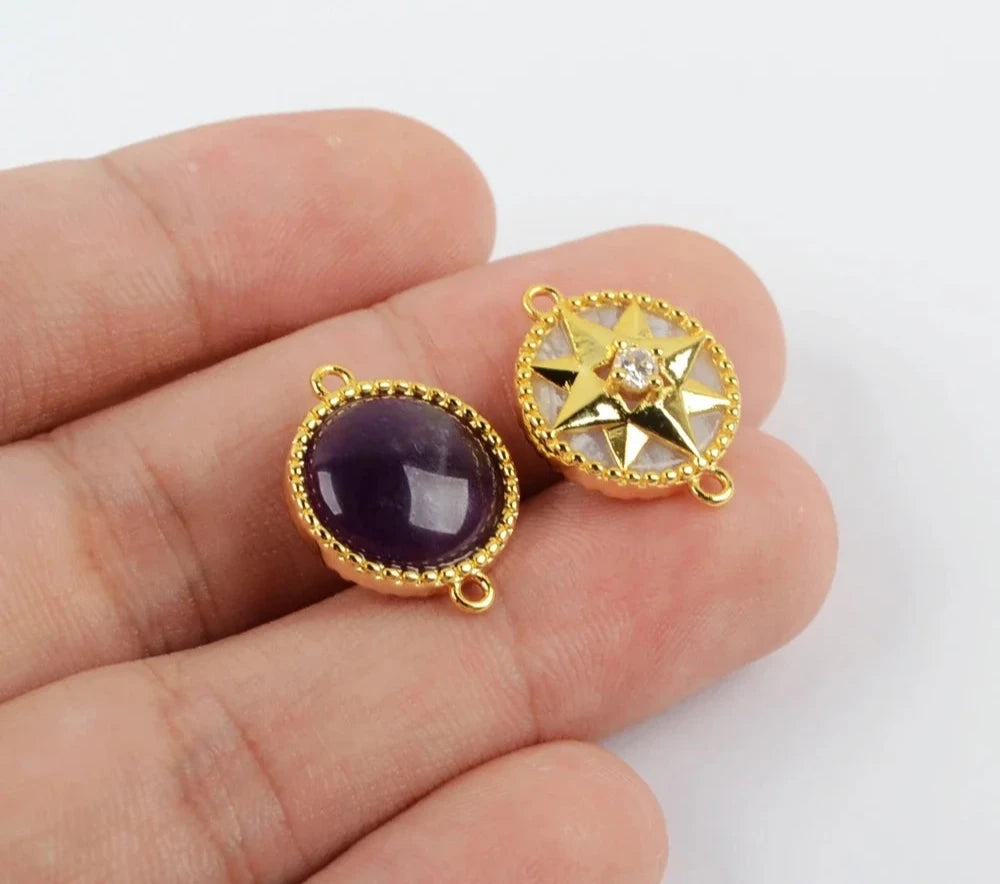 Natural Gemstone Connectors Jewelry Accessories 14mm Antique Micro Setting Multi-kind Necklace Pendant Double Charms