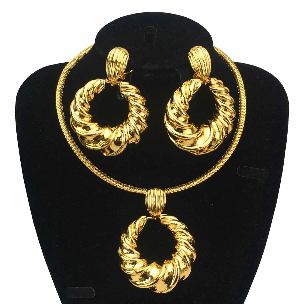 Dubai Women Hoop Earrings Necklace Set Fashion Bride Wedding Trendy African 24K Gold Color Copper Jewelry Set FHK16778