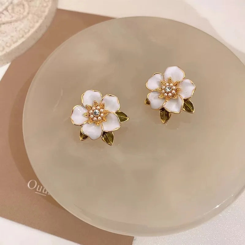 925 Silver Needle Crystal Pearl Leaf Flower Earrings For Women Jewelry 2024 Trending New Fresh Rural Style Stud Earrings Gift