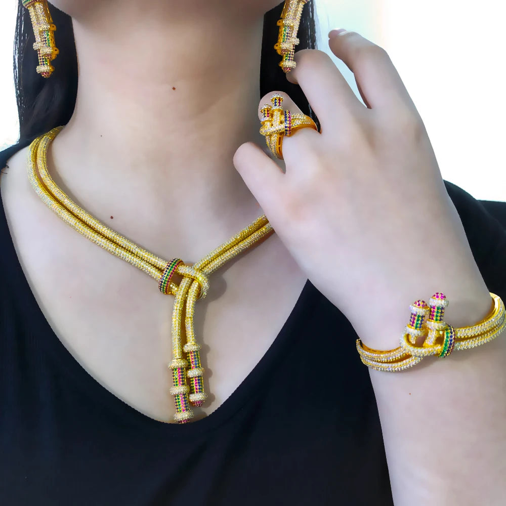 Hiphop 4PCS African Crossover Dance Jewelry Sets for women Wedding Cubic Zircon Indian Dubai Bridal Necklace Earring