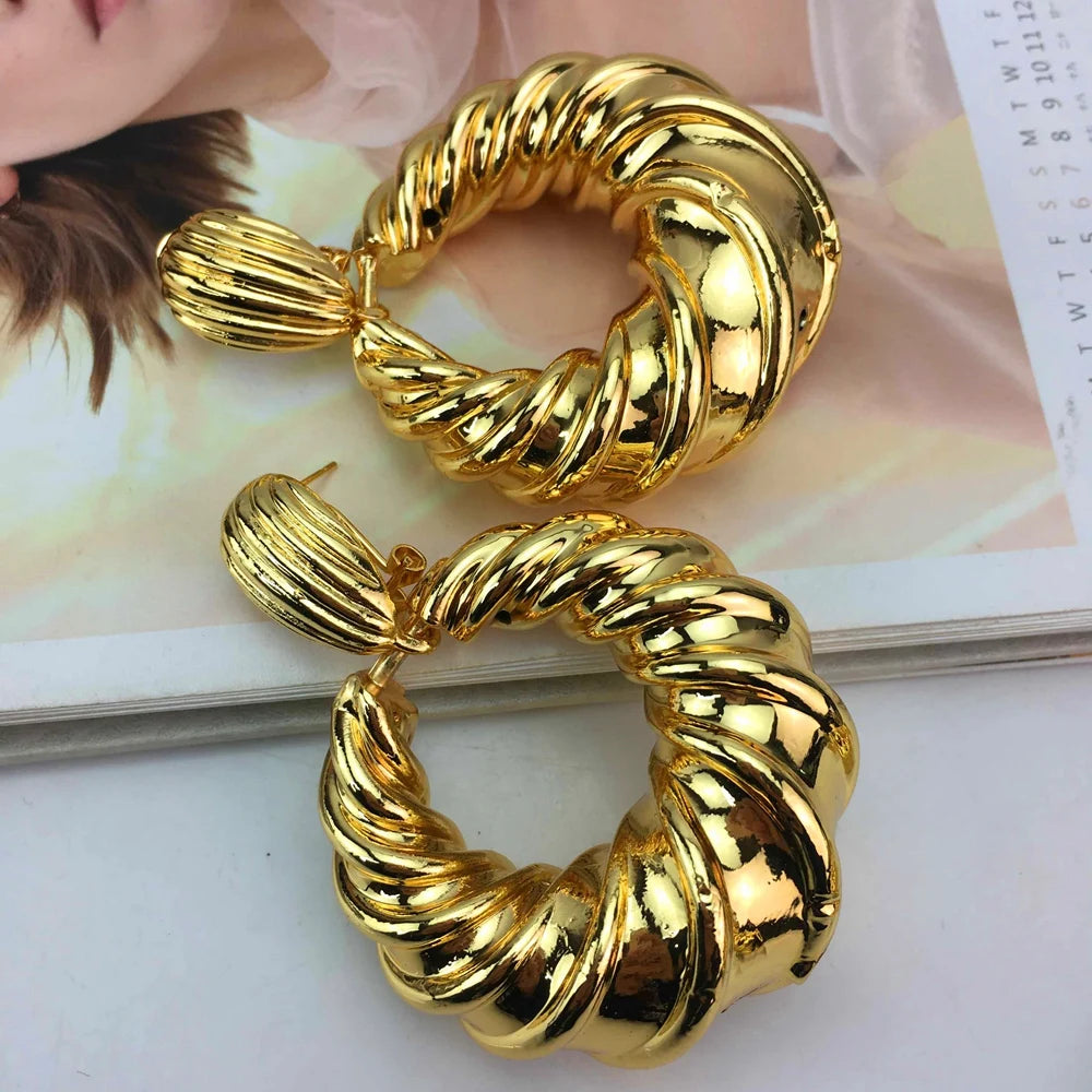 Dubai Women Hoop Earrings Necklace Set Fashion Bride Wedding Trendy African 24K Gold Color Copper Jewelry Set FHK16778