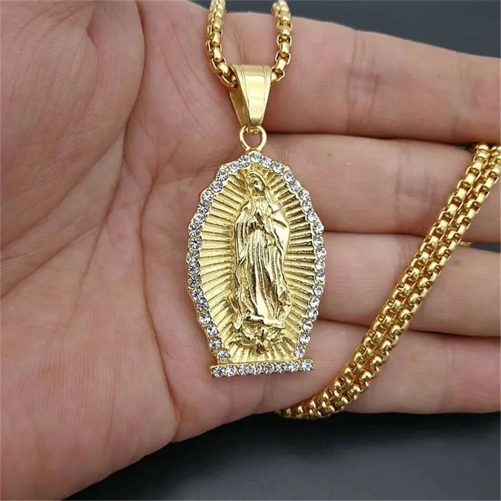 Hip Hop Iced Out Bling Virgin Mary Necklaces Pendants Gold Color 316L Stainless Steel Madonna Necklace Women Christian Jewelry