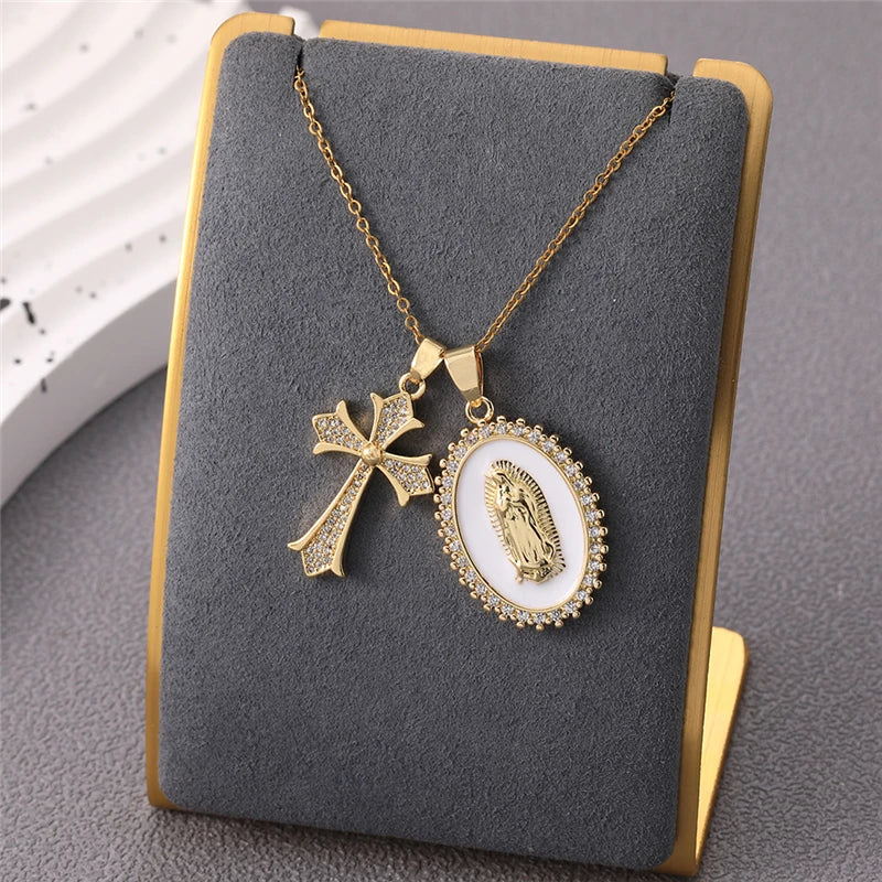 Multiple styles copper Necklace zircon Golden circular Cross Virgin Mary Pendent Necklaces For Charm Women Birthday Jewelr