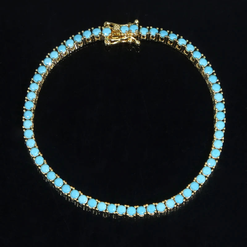 2024 New Gold Color Bling 3mm Turquoises Paved Tennis Chain Necklace Mirco Pave CZ Charm Blue Stone Fashion Women Choker Jewelry