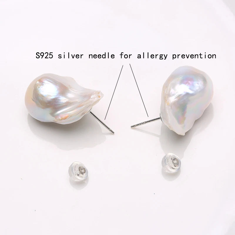 Natural Freshwater Pearl 925 Sterling Silver Large Baroque Pearl Stud Earrings 15-25mm INS Fine Jewelry Gifts for Women EA