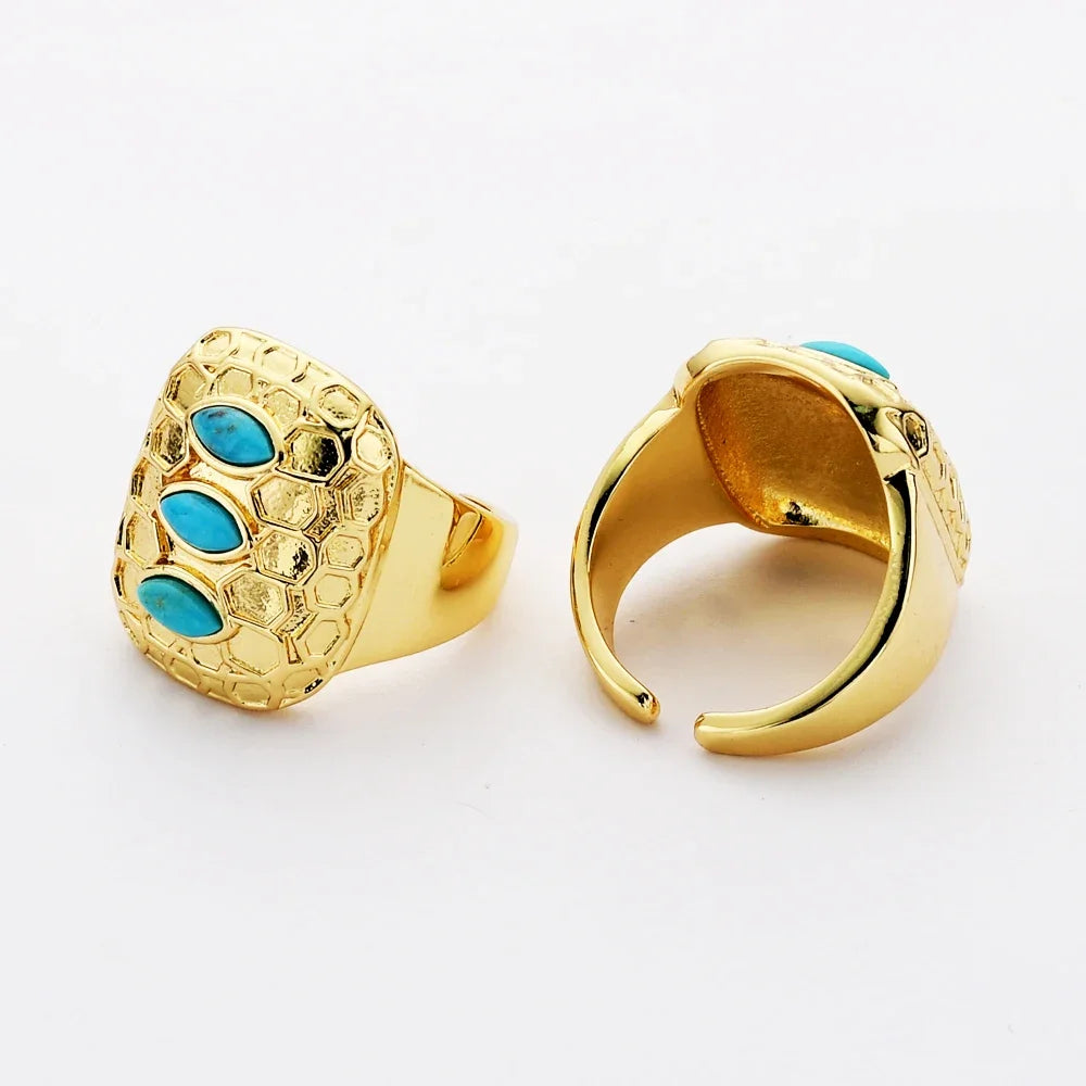 Golden Plated Adjustable Open Rings Natural Turquoise Stone Finger Ring For Men Women Trendy Hip Hop Jewelry Accessories