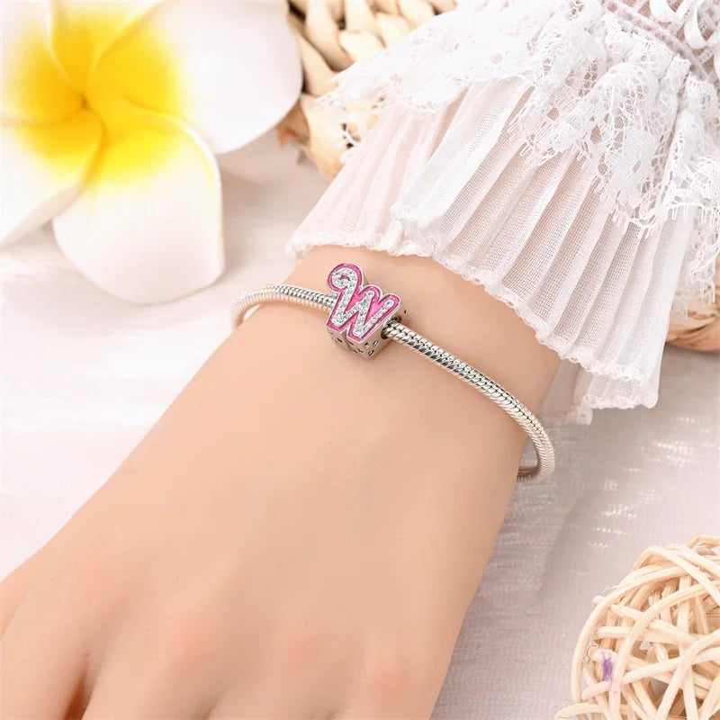 925 Sterling Silver Romantic Pink 26 Letters DIY Love Charms Beads Fit Pandora 925 Original Bracelets Fine Birthday Jewelry Gift