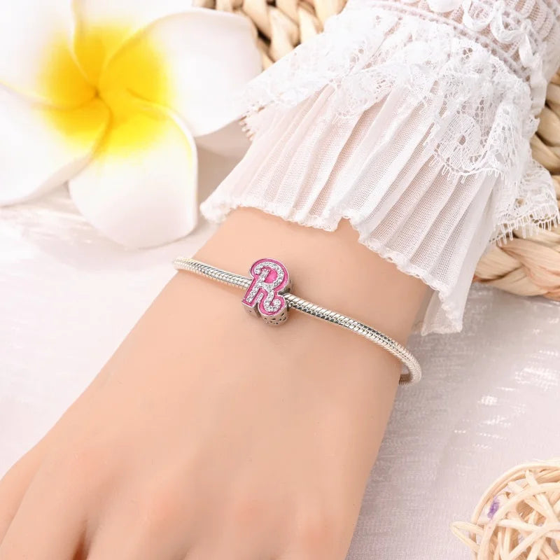 925 Sterling Silver Romantic Pink 26 Letters DIY Love Charms Beads Fit Pandora 925 Original Bracelets Fine Birthday Jewelry Gift
