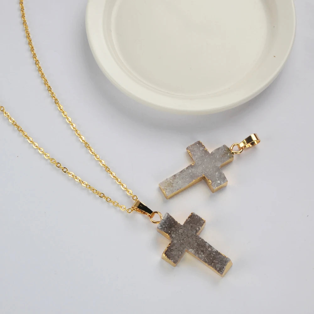 Unique Golden Plated Cross Natural Agate Druzy Pendant Genuine Stone Charms for Women Necklace Jewelry Wedding Gifts