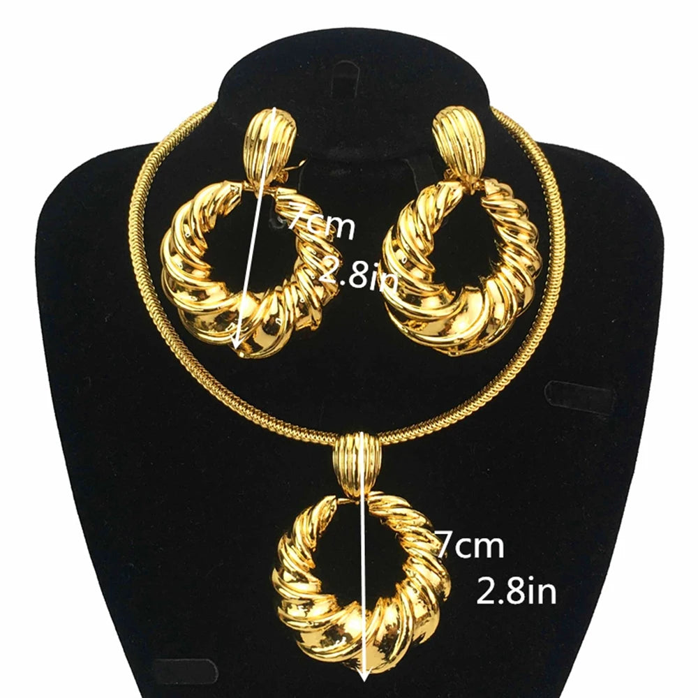 Dubai Women Hoop Earrings Necklace Set Fashion Bride Wedding Trendy African 24K Gold Color Copper Jewelry Set FHK16778