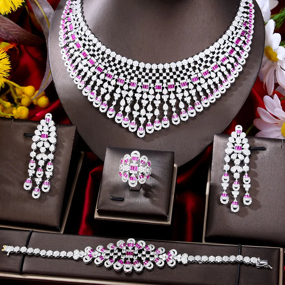 NEW Luxury 4PCS UAE Rainbow Fireworks Jewelry Set For Women Wedding Party Cubic Zirconia Indian Dubai Bridal Jewelry Set