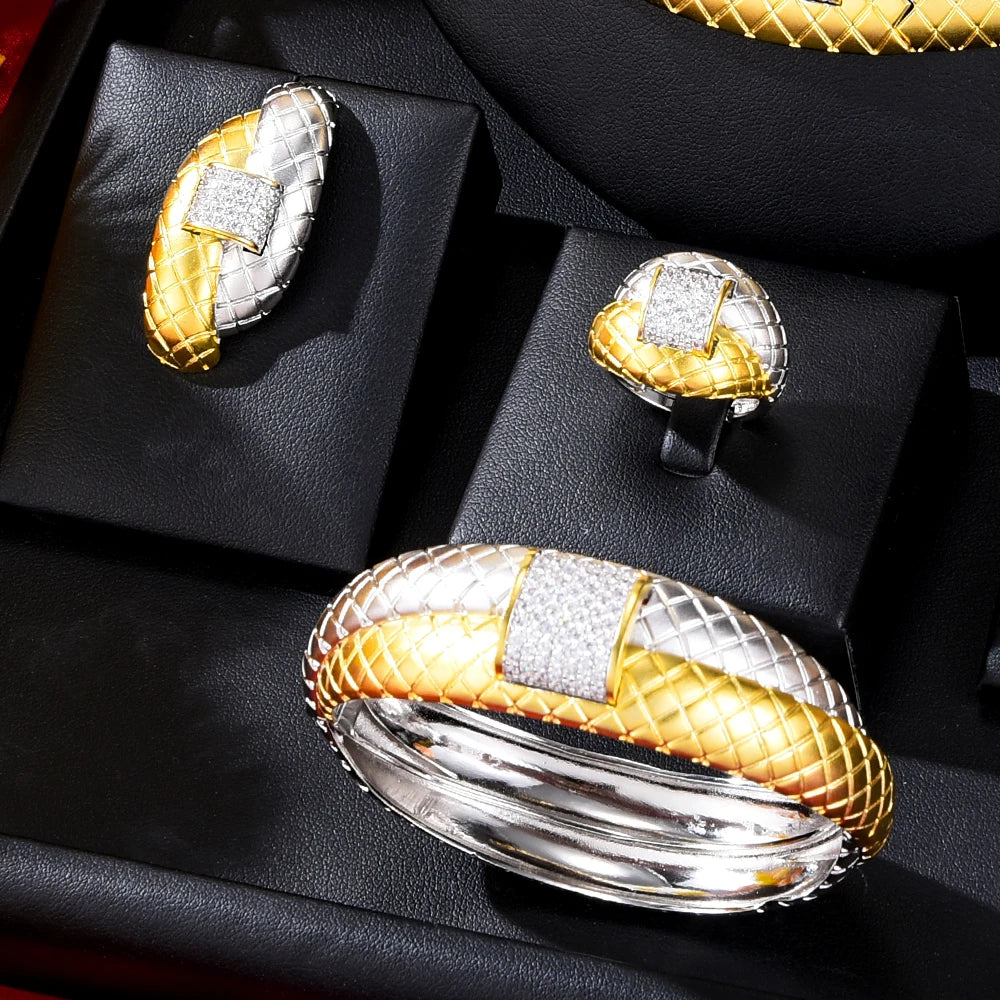 Original DUBAI 4pcs Jewelry Sets Necklace Bangle Ring Earrings Luxury Gougeous Splicing Set For Women Wedding Party