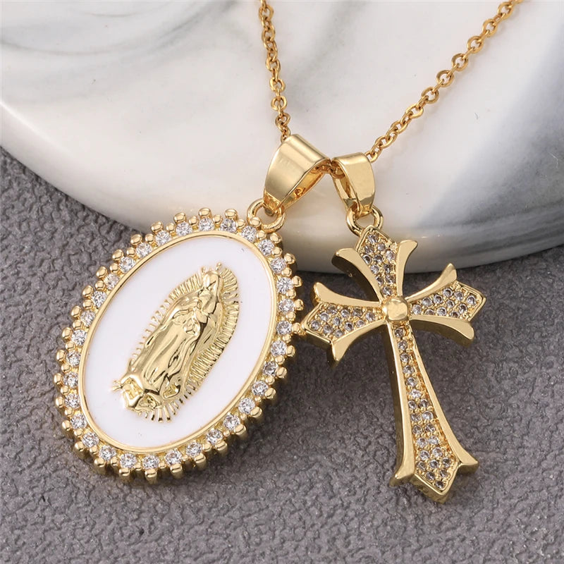 Multiple styles copper Necklace zircon Golden circular Cross Virgin Mary Pendent Necklaces For Charm Women Birthday Jewelr