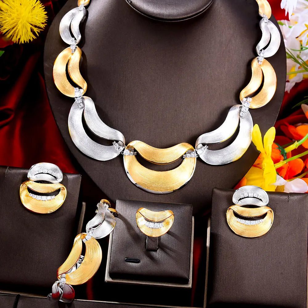 Luxury 4pcs Geometric Italian 18K Gold Jewelry Sets Necklace Earring Bangle Ring Set For Women Wedding Trendy HOT New