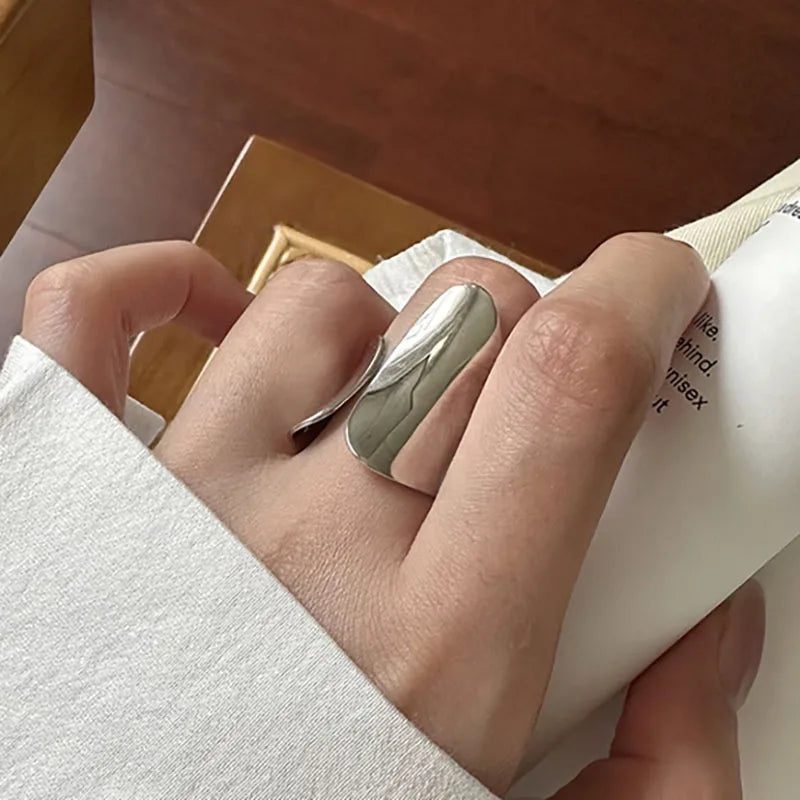 Foxanry Minimalist Silver Color Cuff Rings for Women Couples New Fashion Creative Smooth Pattern Geometric Party Jewelry Gifts