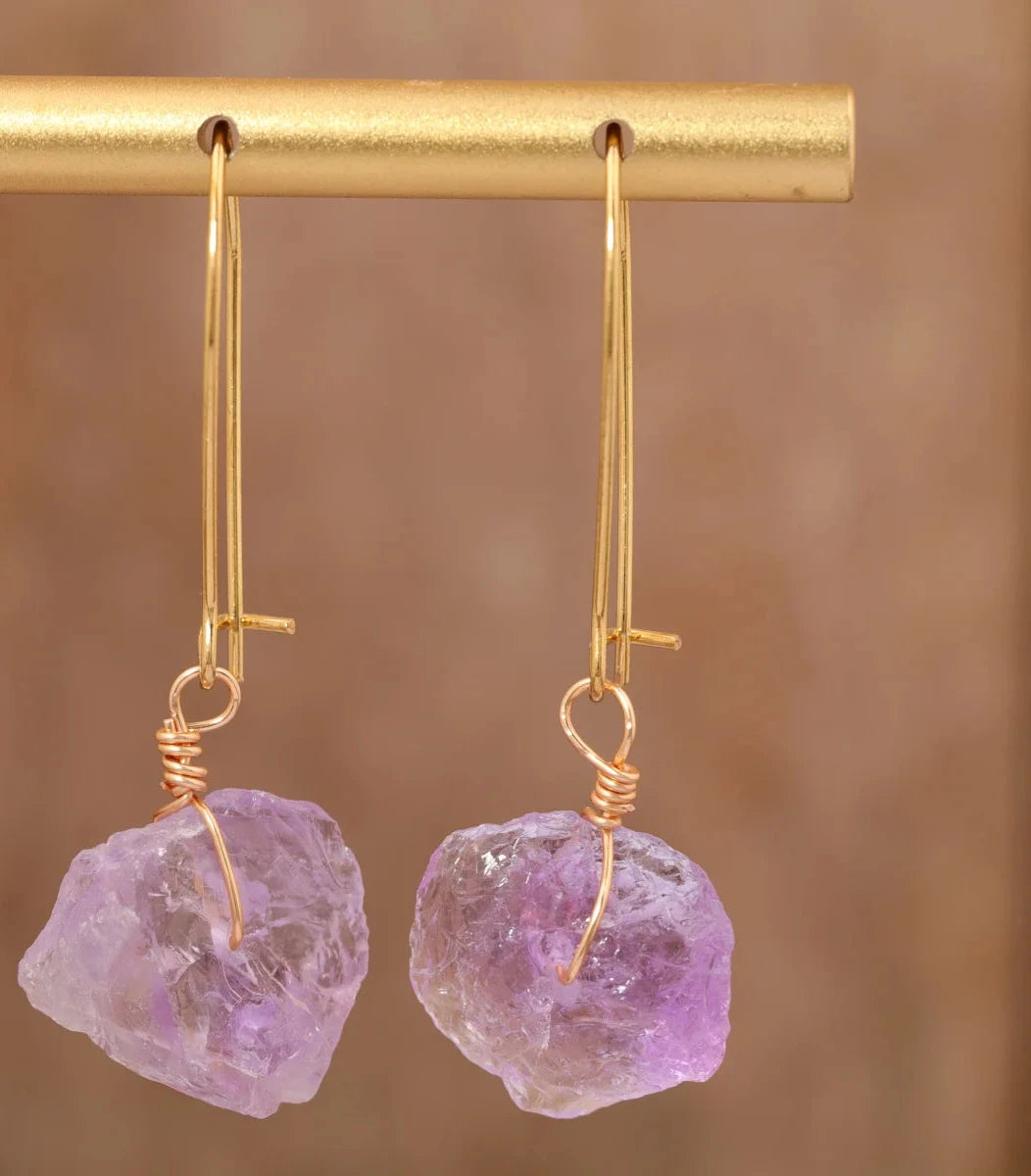 Bronze Silvery Wire Wrap Natural Strawberry Quartz Chunky Beads Dangle Hook Earrings Women Stone Beads Drop Earring Jewelry