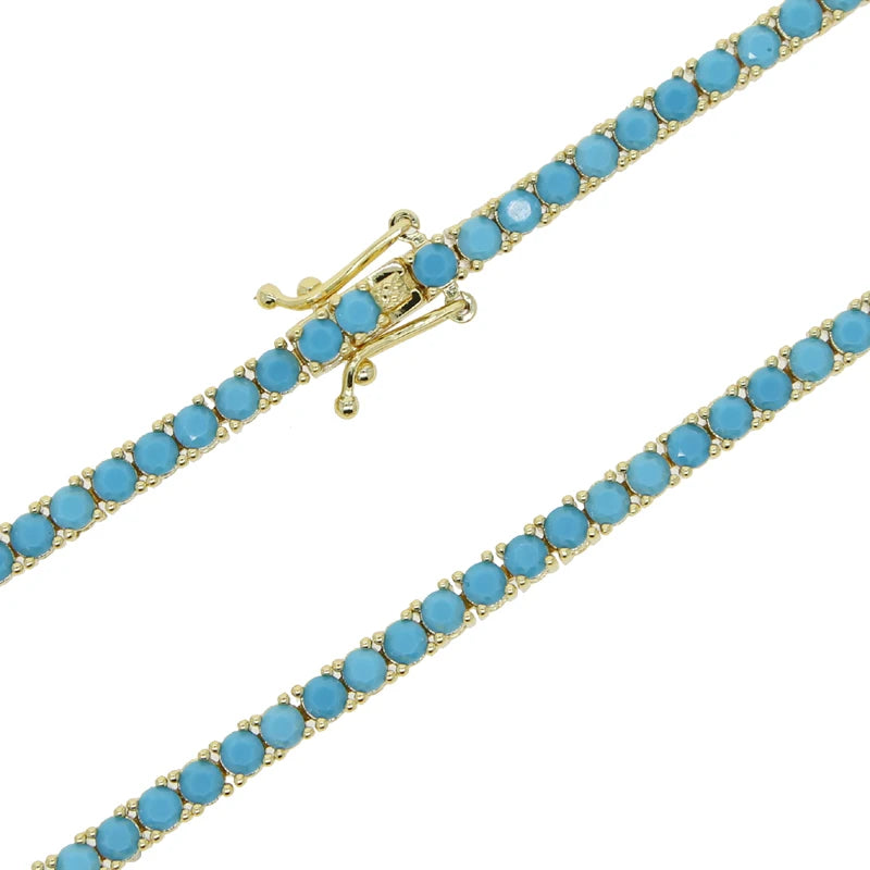 2024 New Gold Color Bling 3mm Turquoises Paved Tennis Chain Necklace Mirco Pave CZ Charm Blue Stone Fashion Women Choker Jewelry