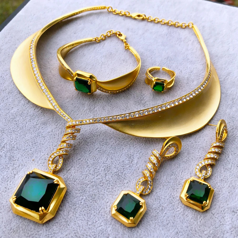 4PCS Green CZ Luxury African Jewelry Set For Women Wedding Party Zircon Crystal Dubai Bridal Jewelry Set Gift