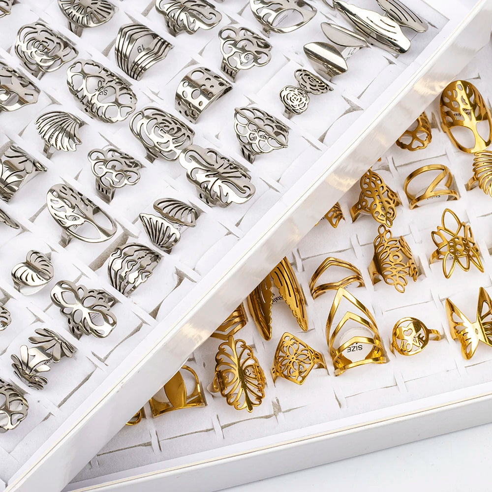 20pcs/lot Women's Fashion Stainless Steel Big And Small Hollow Cut Jewelry Rings Mix Love Flower Heart Style For Party Gift