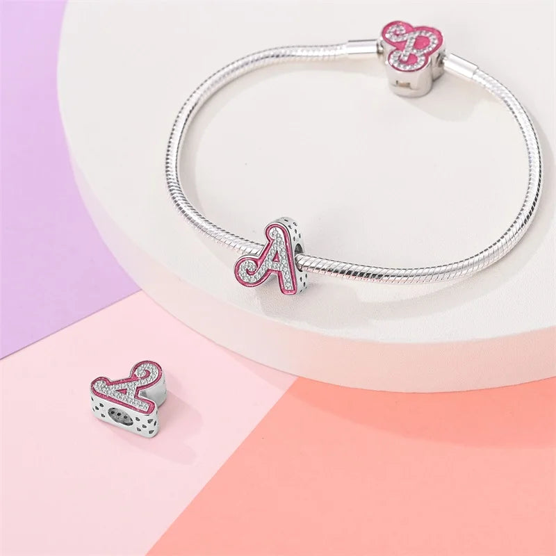 925 Sterling Silver Romantic Pink 26 Letters DIY Love Charms Beads Fit Pandora 925 Original Bracelets Fine Birthday Jewelry Gift