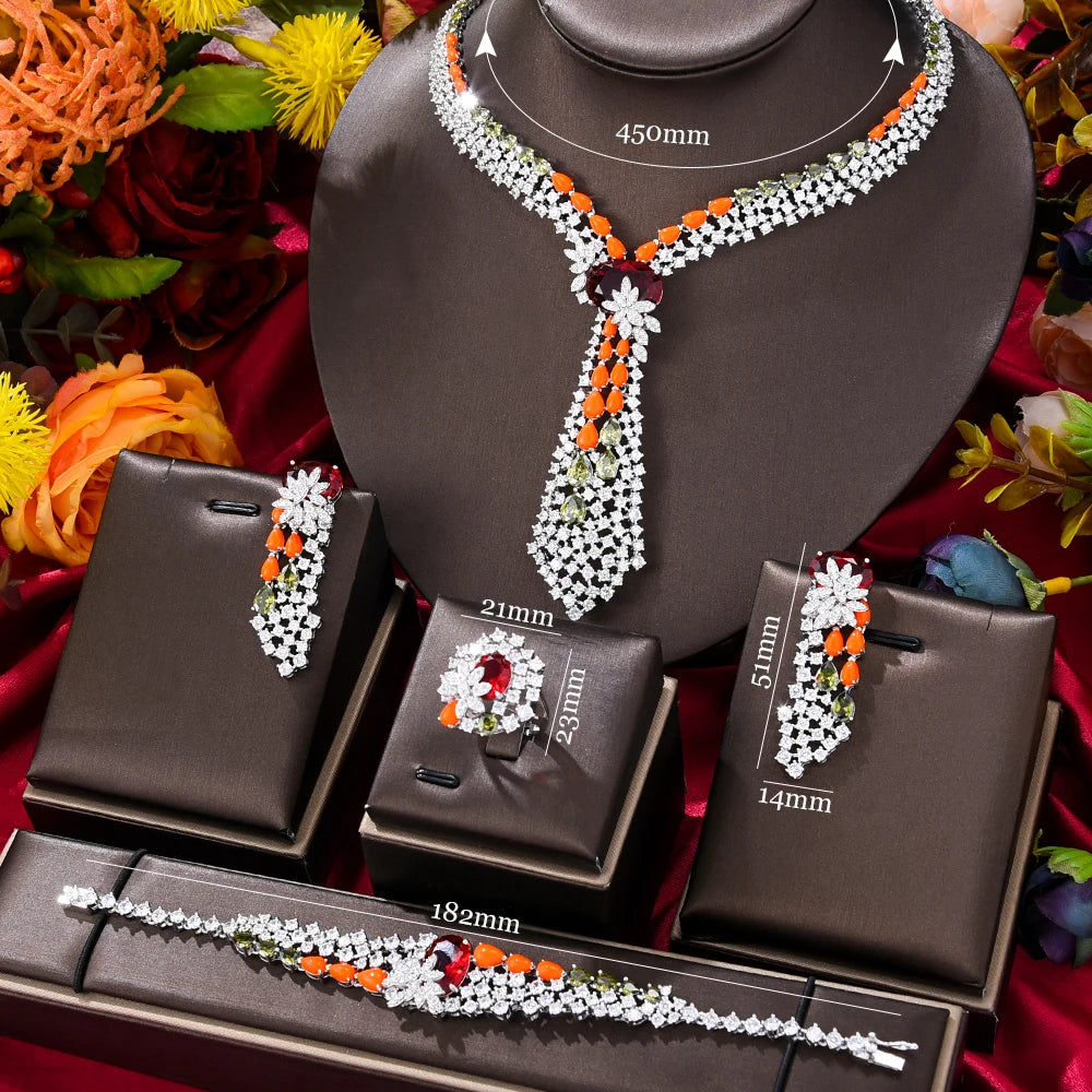 Romantic 4PCs Multicolor Crossover Statement Jewelry Sets For Women Wedding5A Zircon Indian African Dubai Bridal Necklace