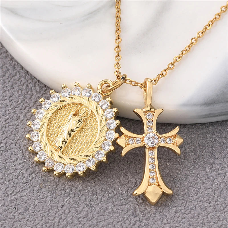 Multiple styles copper Necklace zircon Golden circular Cross Virgin Mary Pendent Necklaces For Charm Women Birthday Jewelr
