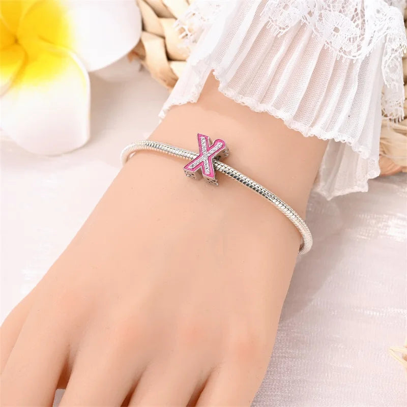 925 Sterling Silver Romantic Pink 26 Letters DIY Love Charms Beads Fit Pandora 925 Original Bracelets Fine Birthday Jewelry Gift