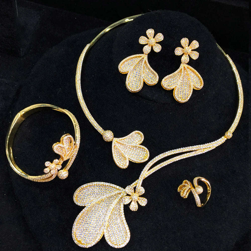 New Luxury Clear CZ 4PCS Necklace Bracelet Earrings Ring Set For Women Wedding Party Costume Bridal Jewelry Sets