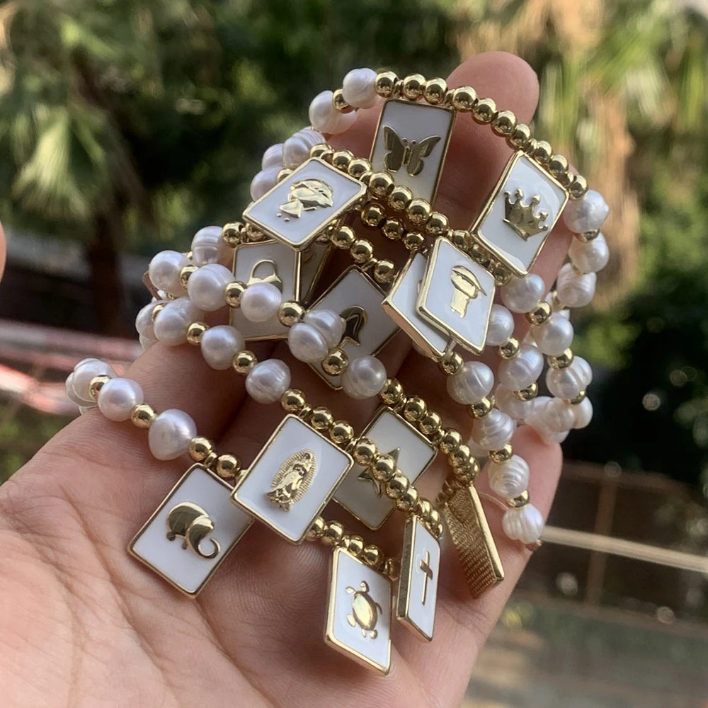 5PCS, Fashion New Freshwater Pearl Heart Bracelet Dainty Jewelry Virgin Mary Cross Bracelets Wholesale For Party Jewelry Gifts