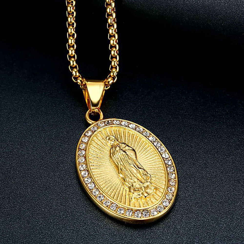 Hip Hop Iced Out Bling Virgin Mary Pendant Necklaces Female Gold Color Stainless Steel Madonna Necklace For Women Jewelry Gift