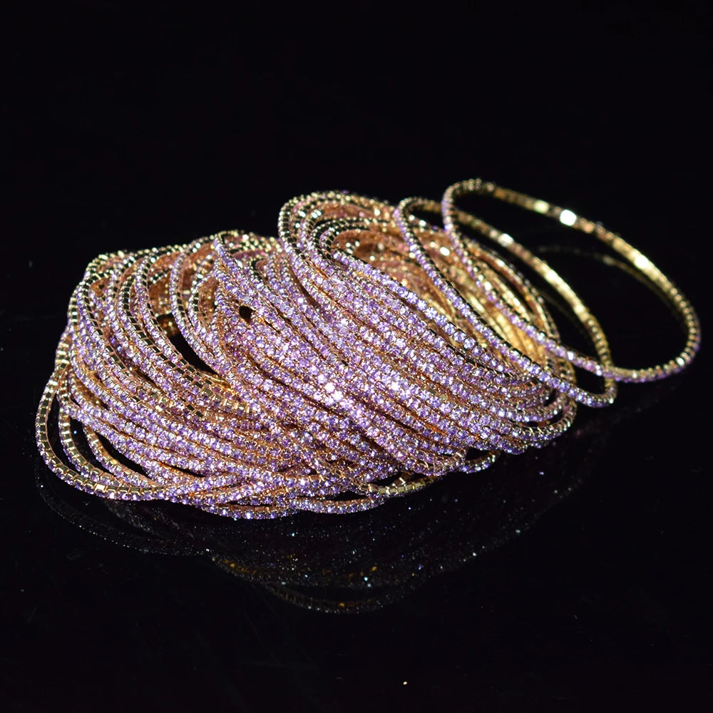 50pcs/Set Fashion Gold Multiple Colour Crystal Rhinestone Elastic Bracelet Bangle Bling Wristband Women Wedding Bridal Jewelry