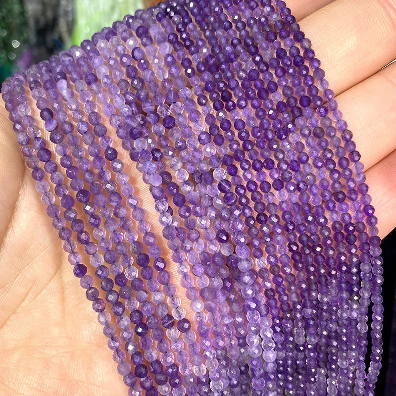 Fine 100% Natural Stone Beads Faceted Amethyst Loose Round Gemstone Crystal For Jewelry Making DIY Bracelet Necklace Charm 2-4mm