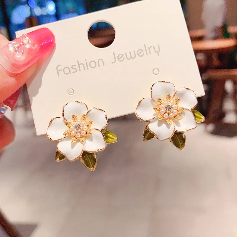 925 Silver Needle Crystal Pearl Leaf Flower Earrings For Women Jewelry 2024 Trending New Fresh Rural Style Stud Earrings Gift