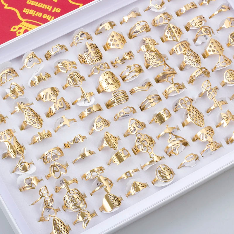 20pcs/lot Women's Fashion Stainless Steel Big And Small Hollow Cut Jewelry Rings Mix Love Flower Heart Style For Party Gift