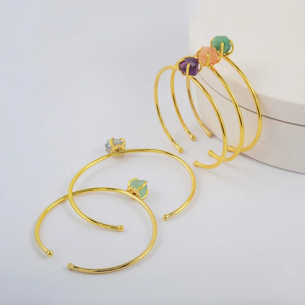 Multiple Colors Irregular Natural Stone Claw Bangle Crystal Quartzs Open Cuff Bracelets Golden Color Reiki Healing Gift