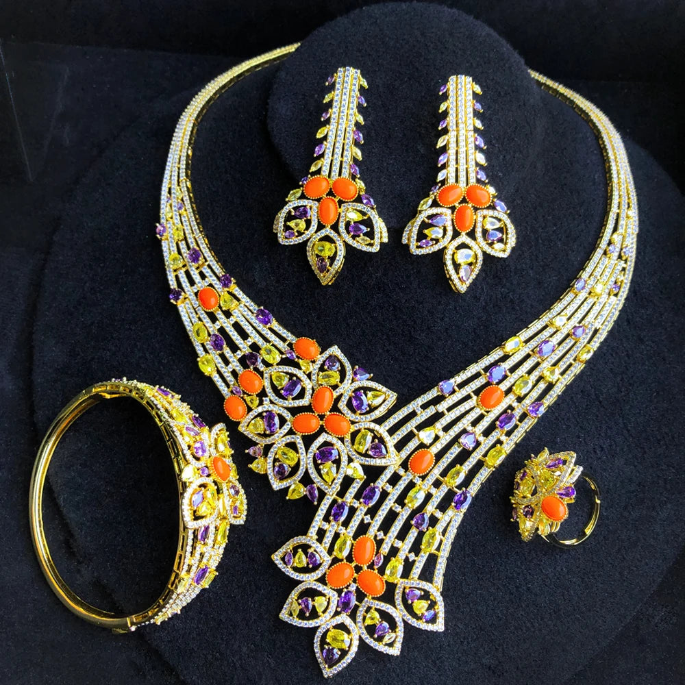 4PCS Pink Coral Luxury African Jewelry Set For Women Wedding Party Zircon Crystal Dubai Bridal Gifts