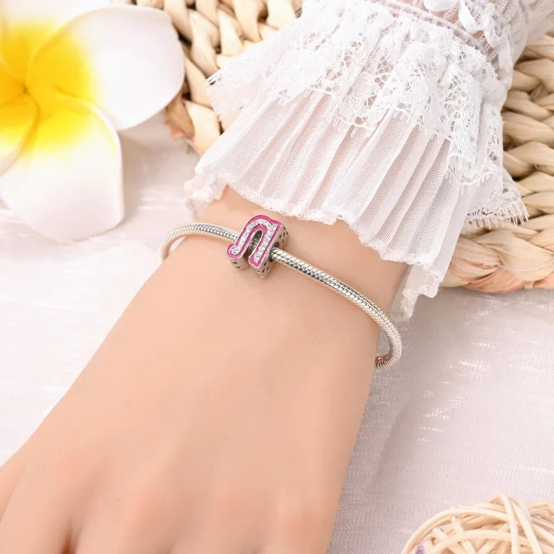 925 Sterling Silver Romantic Pink 26 Letters DIY Love Charms Beads Fit Pandora 925 Original Bracelets Fine Birthday Jewelry Gift