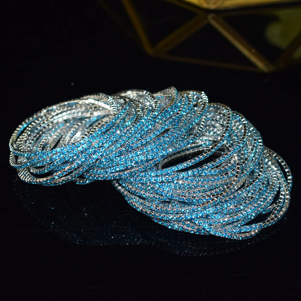 50pcs/Set Fashion Gold Multiple Colour Crystal Rhinestone Elastic Bracelet Bangle Bling Wristband Women Wedding Bridal Jewelry