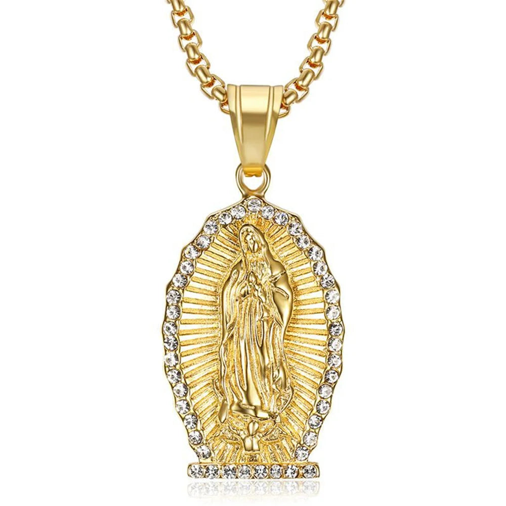 Hip Hop Iced Out Bling Virgin Mary Necklaces Pendants Gold Color 316L Stainless Steel Madonna Necklace Women Christian Jewelry
