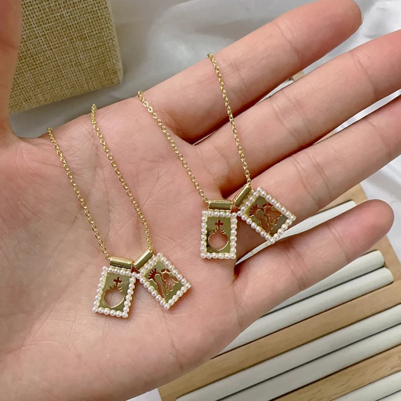 5 pcs/lot New Design Fashion Pendant Necklace Gold Plated Brass Pearl Thin Chain Hollow Pendant Necklaces Jewelry