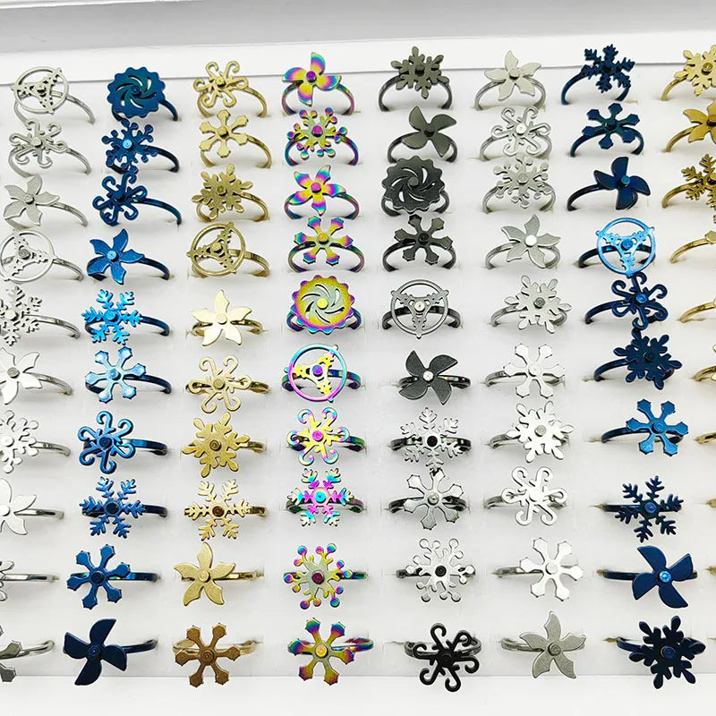 20pcs/Lot Wholesale New Style Rotate Stainless Steel Finger Rings For Women Windmill Snowflake Relief Anxiety Decompress Jewelry