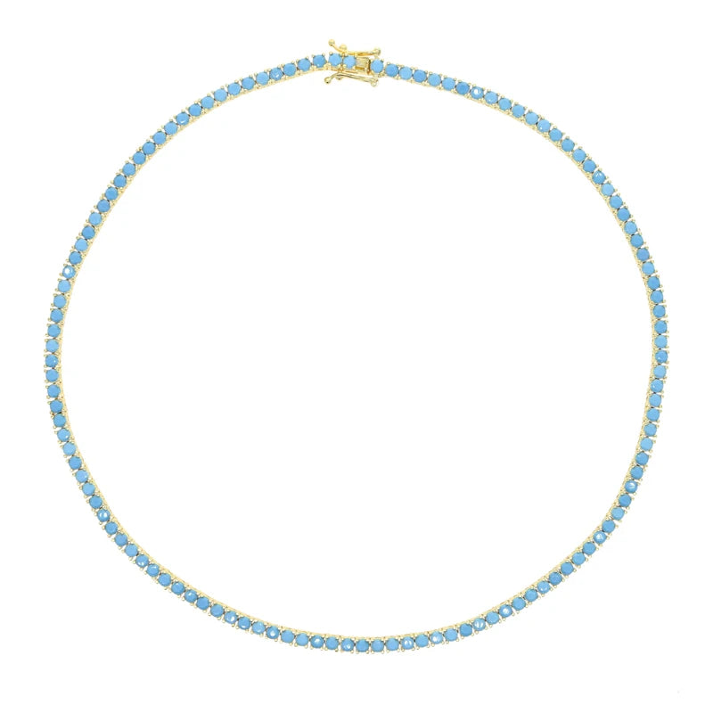 2024 New Gold Color Bling 3mm Turquoises Paved Tennis Chain Necklace Mirco Pave CZ Charm Blue Stone Fashion Women Choker Jewelry