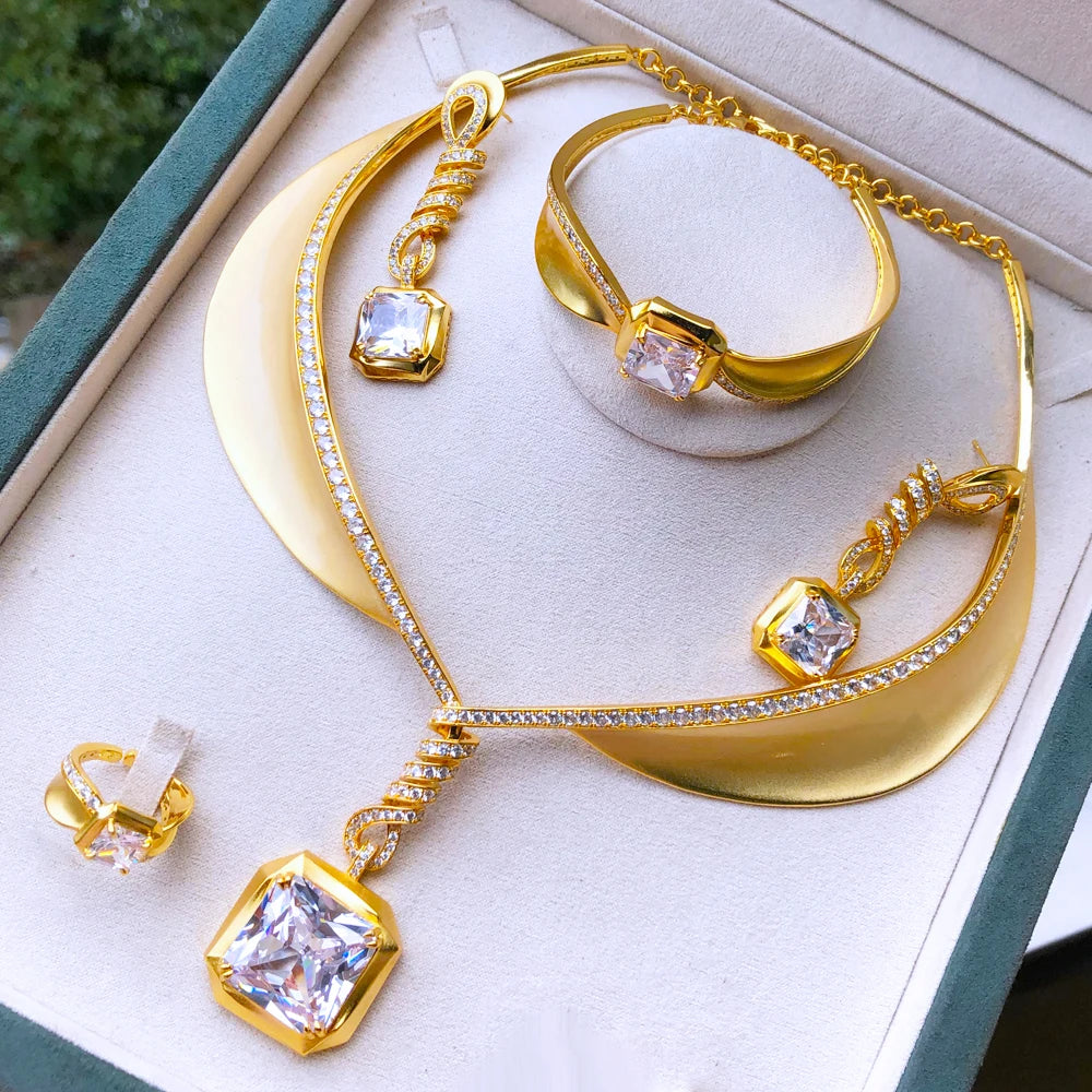 4PCS Green CZ Luxury African Jewelry Set For Women Wedding Party Zircon Crystal Dubai Bridal Jewelry Set Gift