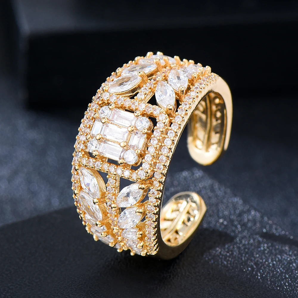 3 Colors Luxury Peace Leaf Rings with Baguette Cubic Zirconia Stones 2020 Women Engagement Party Jewelry Free Size