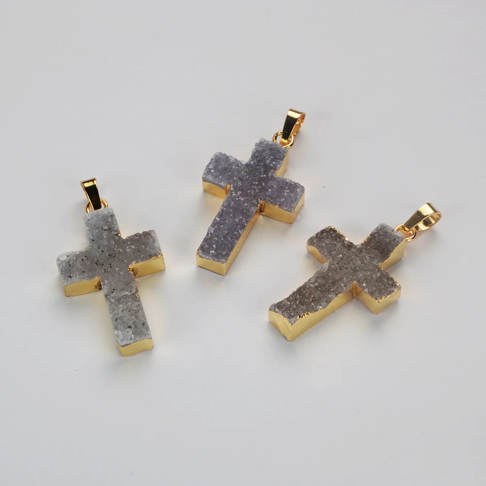 Unique Golden Plated Cross Natural Agate Druzy Pendant Genuine Stone Charms for Women Necklace Jewelry Wedding Gifts