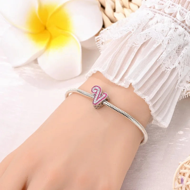 925 Sterling Silver Romantic Pink 26 Letters DIY Love Charms Beads Fit Pandora 925 Original Bracelets Fine Birthday Jewelry Gift