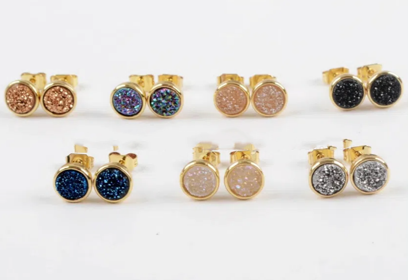 6mm Druzy Earrings, Round Gold Color Bezel Rainbow Titanium Druzy Stud Earrings for Women Jewelry ZG0277